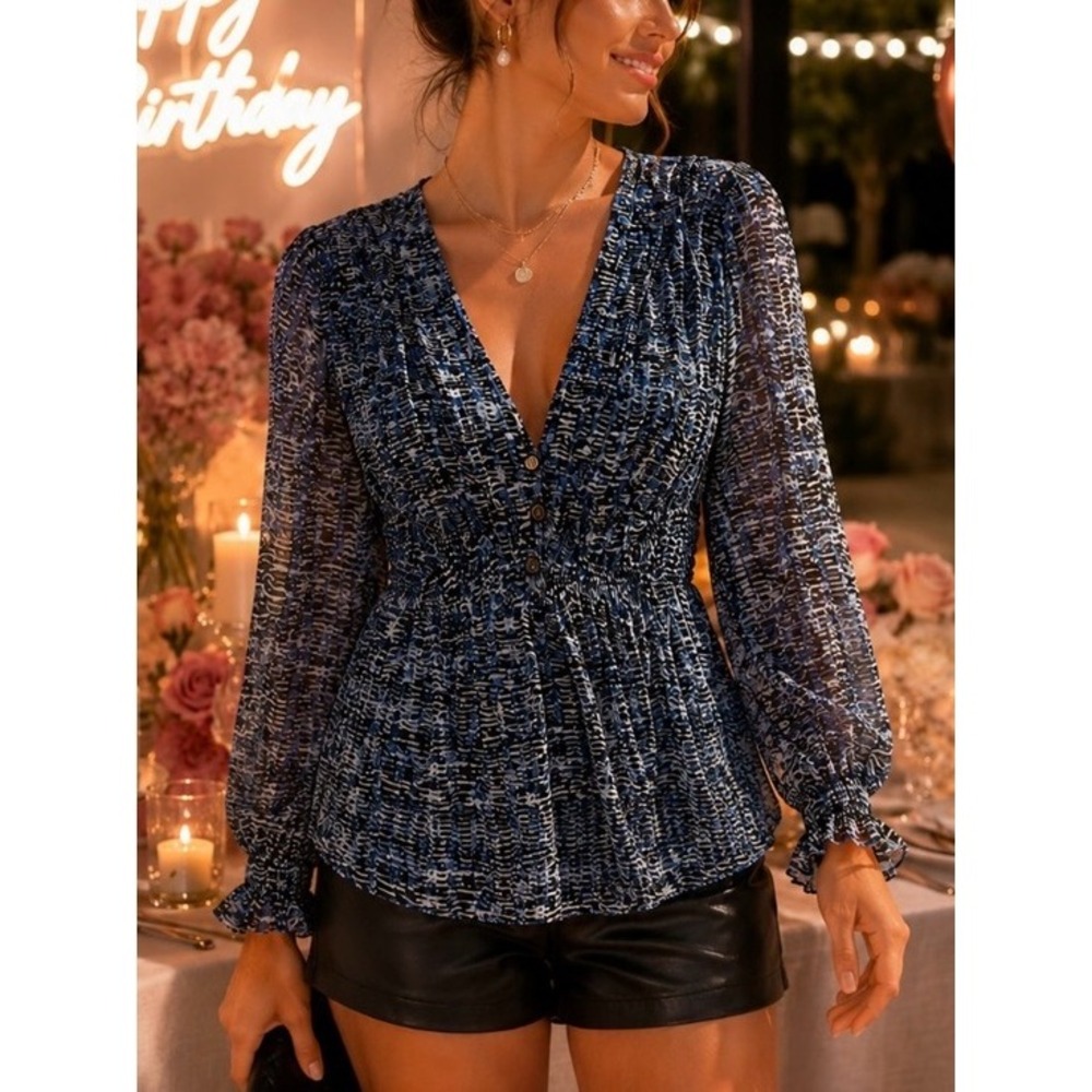 Anthropologie Navy & White Patterned V-Neck Smocked Blouse